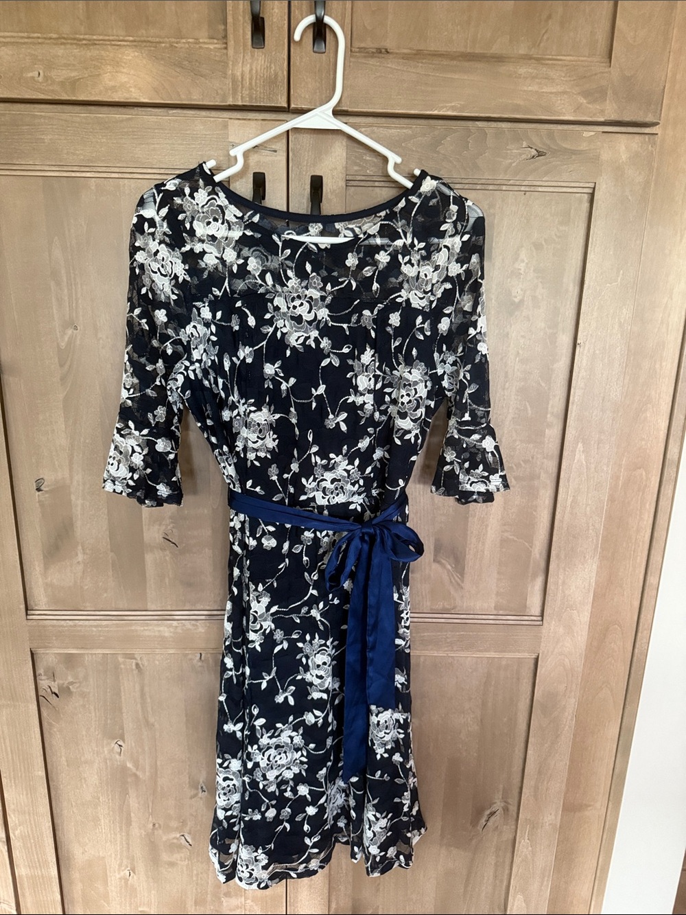 Navy Floral Midi Dress with Tie Waist